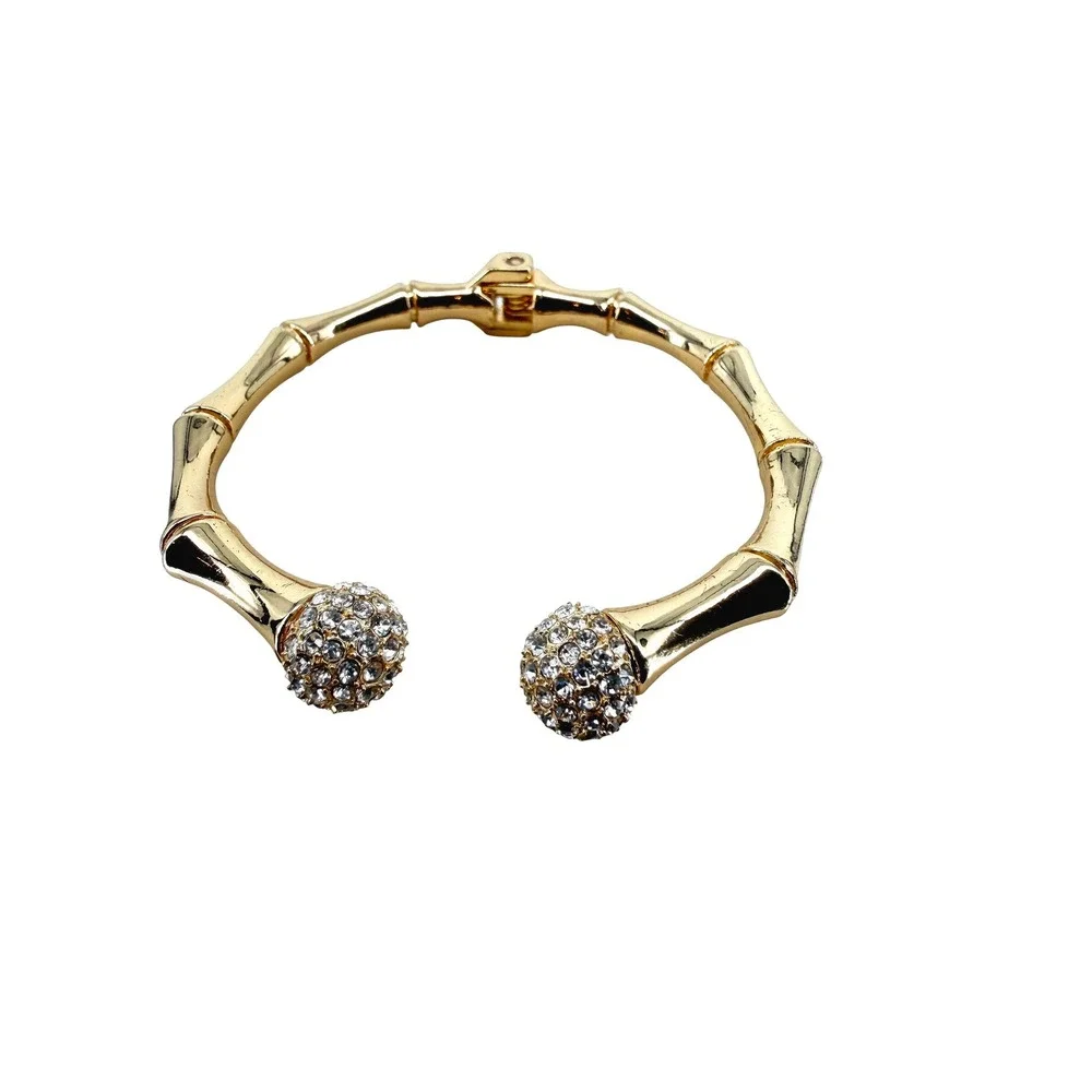 Gold Bamboo Hinged Cuff Bracelet Rhinestone Orb Bypass Bangle Statement‎ Jewelry
